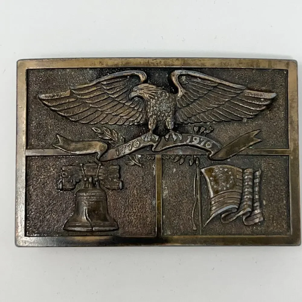 Vintage 1976 Bicentennial Bald Eagle Flag Bell Belt Buckle American Heritage USA